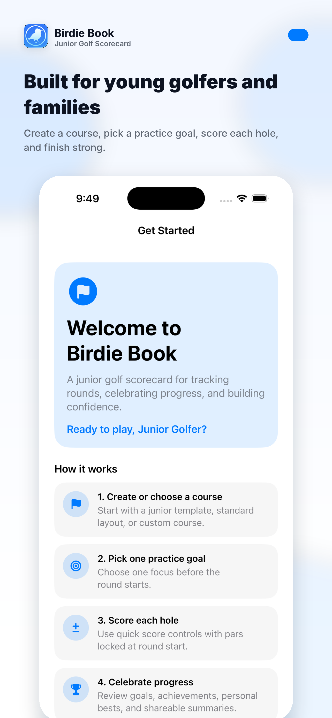 Birdie Book Junior Golf get started screen explaining how the app works.