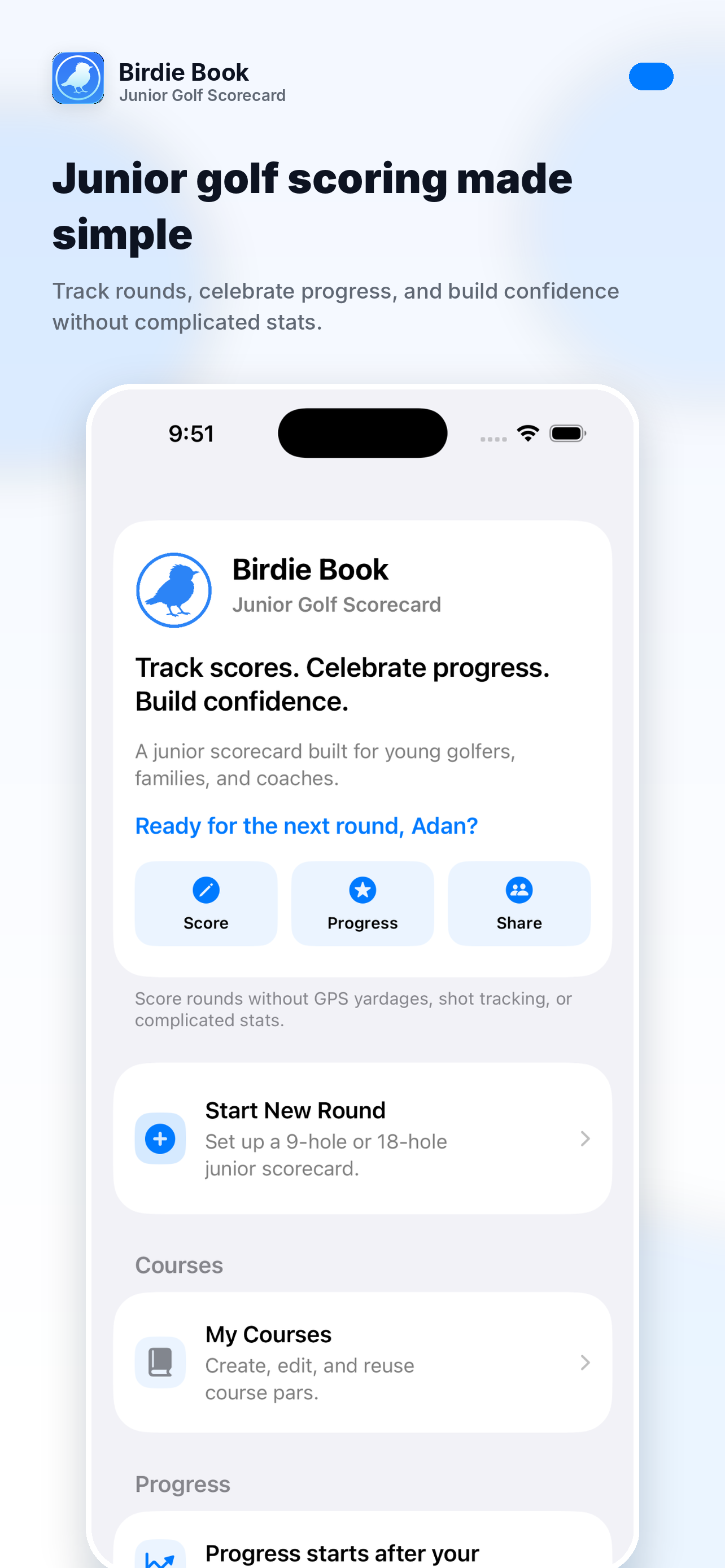 Birdie Book Junior Golf home screen showing scores, goals, milestones, and progress.