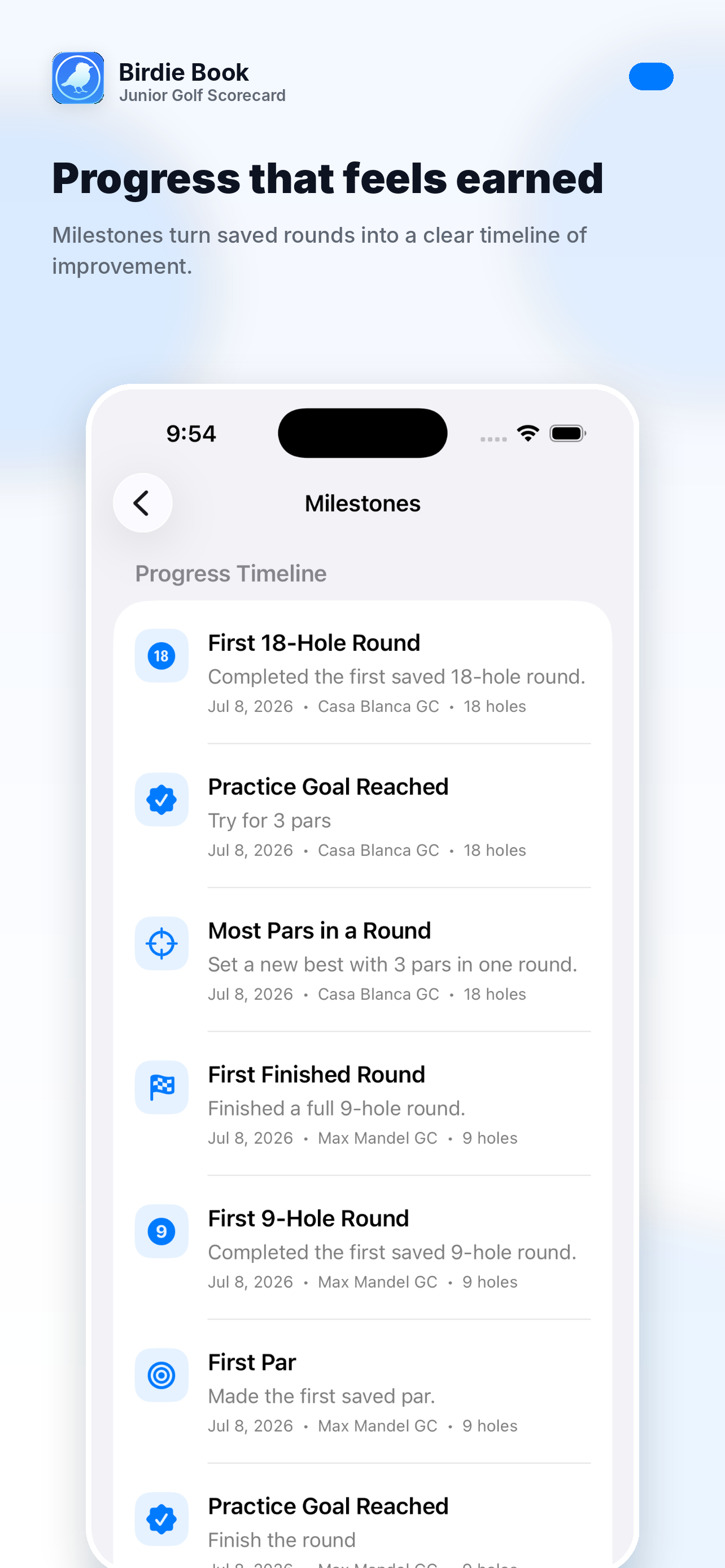 Birdie Book Junior Golf iPhone milestones promotional screenshot.