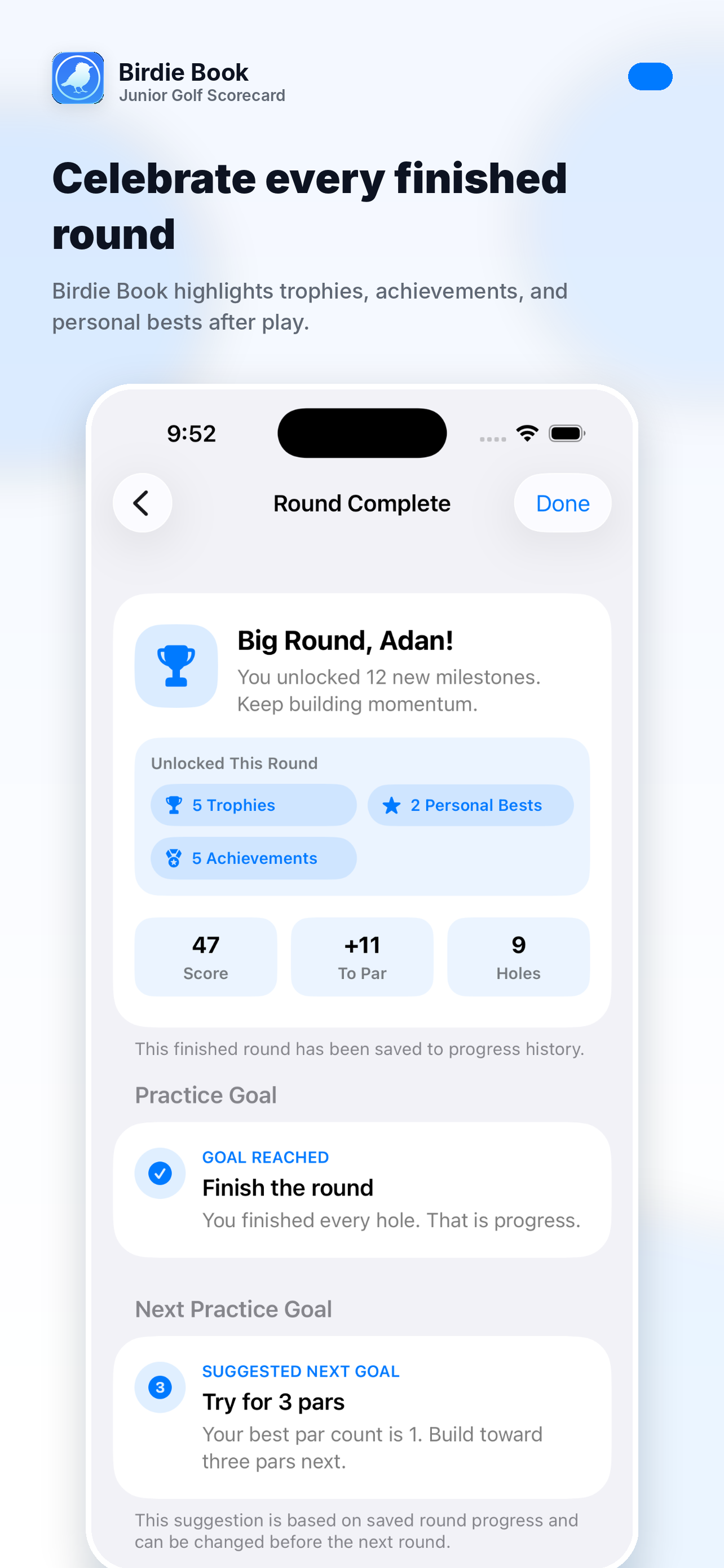 Birdie Book Junior Golf iPhone round complete promotional screenshot.